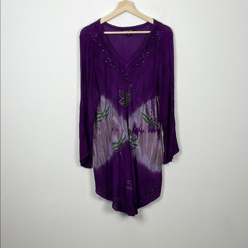 Greater Good Tie Dye Boho Long Sleeve Purple Women's 1X Top with Leaf Design